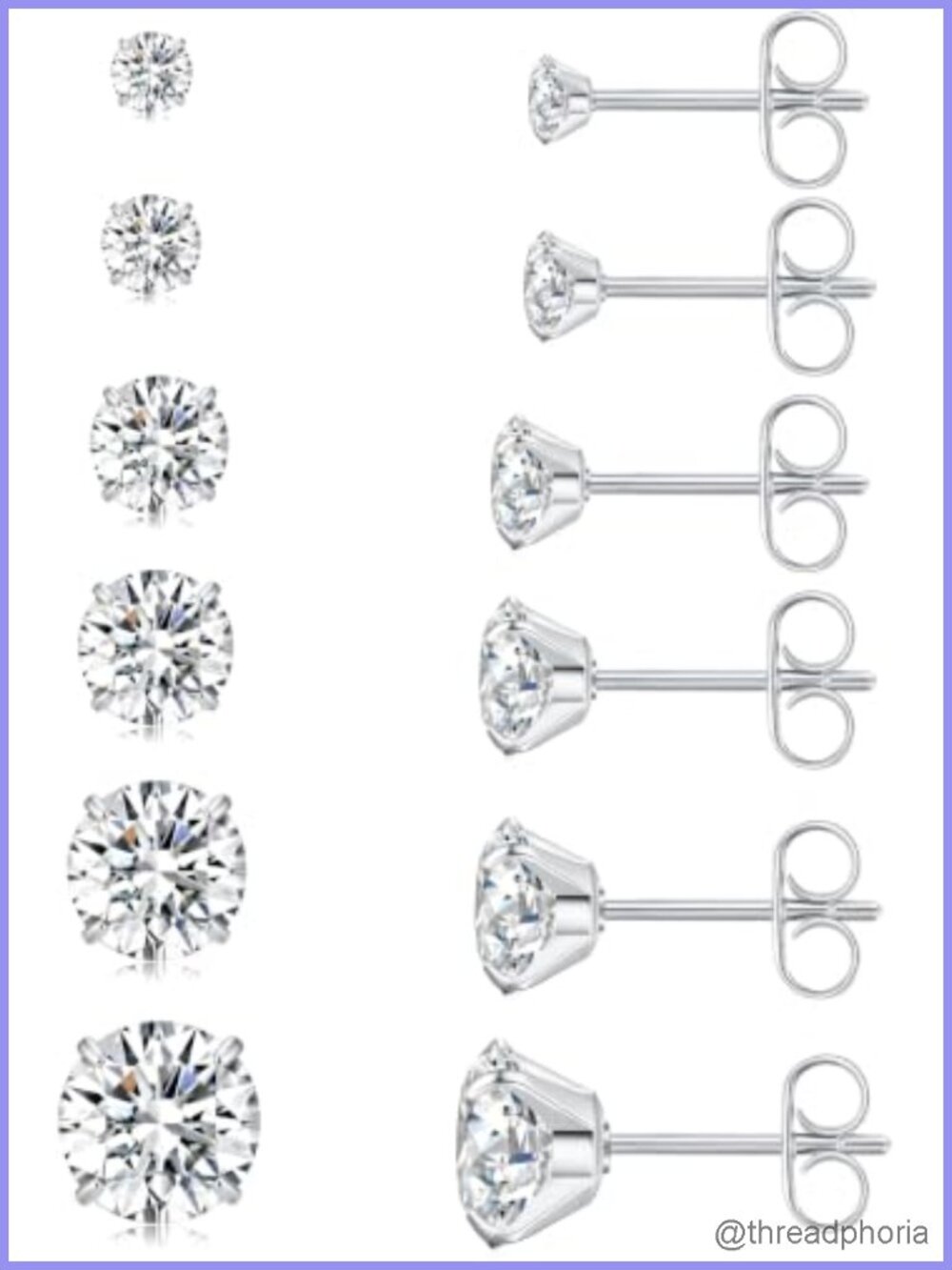 6 Pairs CZ Stud Earrings Set Hypoallergenic 316L Stainless Steel 3-8mm